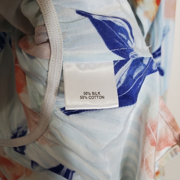 Tucker Blue V Neck Striped Floral Print Silk Tie Neck Party Blouse Top - Picture 11 of 11